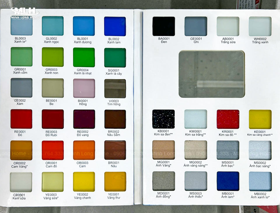 Báo giá tủ bếp Inox cánh kính cường lực 2025 Bảng màu tủ bếp inox cánh kính của Tủ Bếp Minh Long