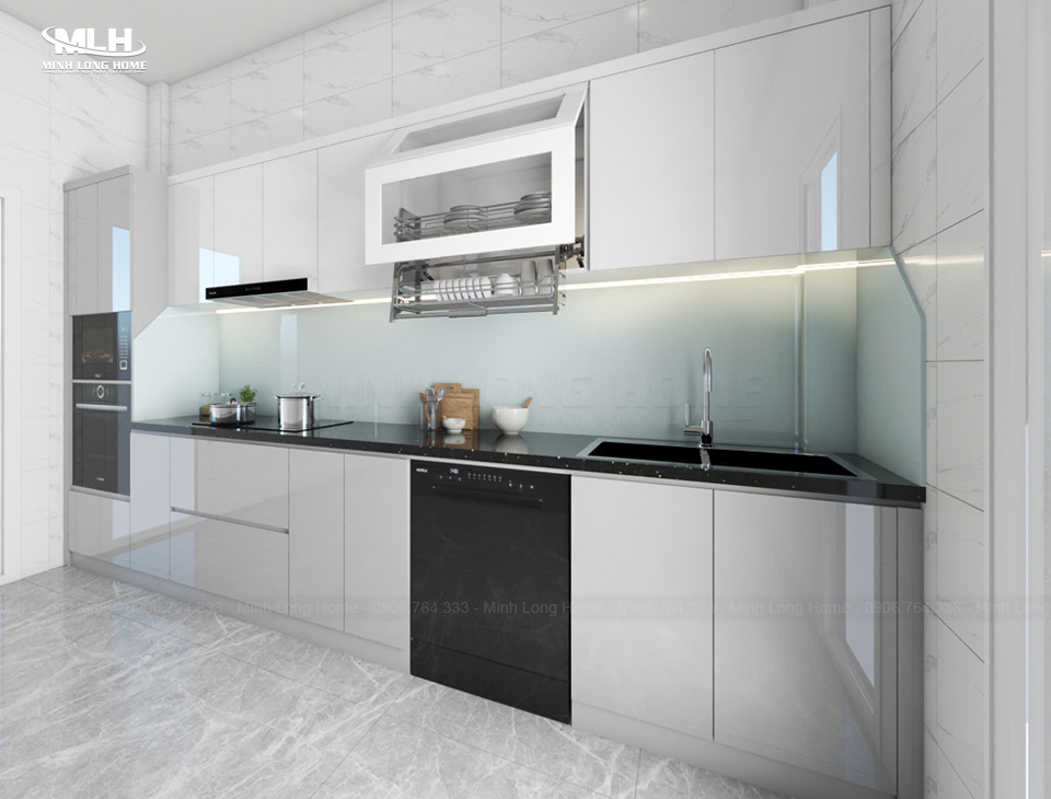 Tủ bếp Acrylic bóng gương tối ưu không gian và ánh sáng