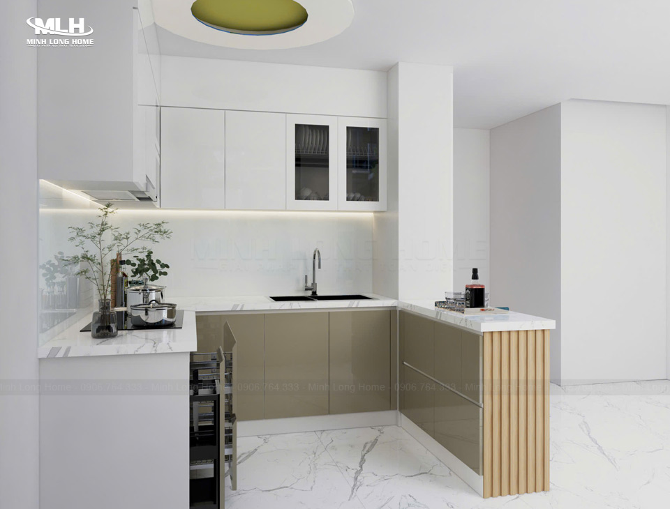 Tủ bếp sáng màu tạo cảm giác rộng rãi cho diện tích bếp nhỏ