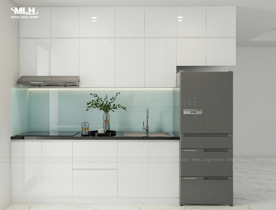 Kinh nghiệm chọn tủ bếp cho căn hộ chung cư hoàn hảo và tối ưu không gian Vật liệu tủ bếp nhựa Acrylic bóng gương phổ biến cho tủ bếp căn hộ chung cư