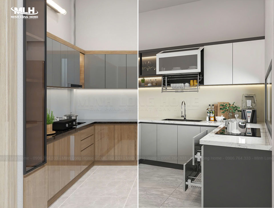 So sánh tủ bếp gỗ tự nhiên và gỗ công nghiệp Tủ bếp gỗ công nghiệp có đa dạng bề mặt từ vân gỗ, màu trơn, hiệu ứng mờ đến bóng