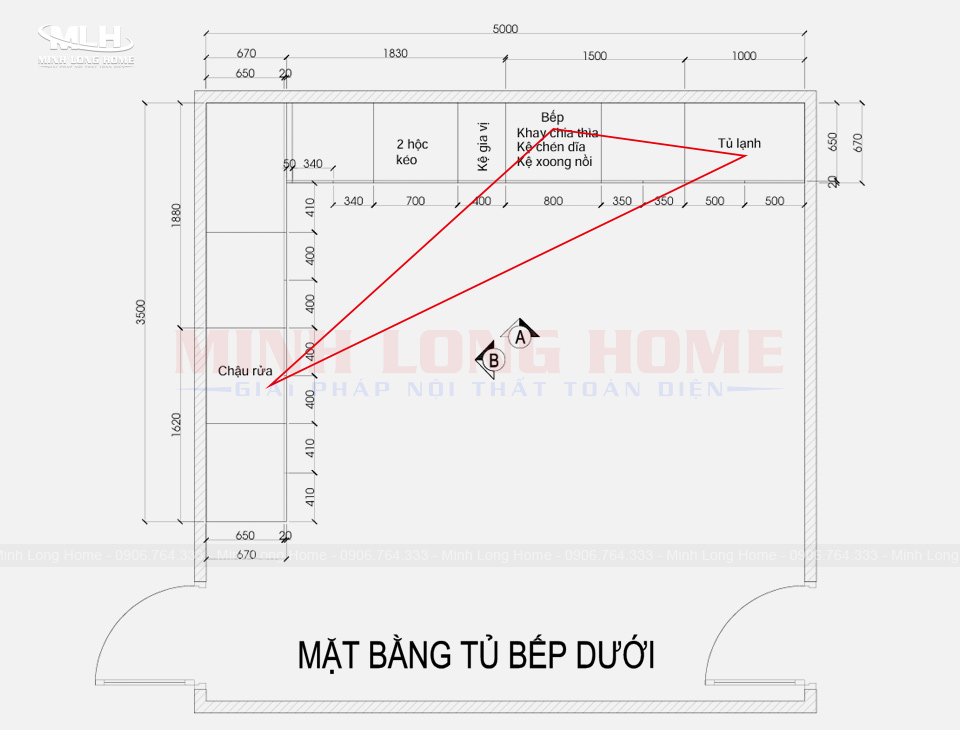 Mẫu bản vẽ tủ bếp tiêu chuẩn và lưu ý thiết kế Bản vẽ tủ bếp chữ L tối ưu tam giác bếp