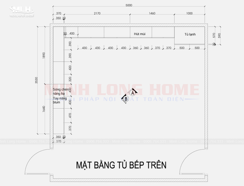 Mẫu bản vẽ tủ bếp tiêu chuẩn và lưu ý thiết kế Bản vẽ tủ bếp chữ L - Mặt bằng tủ bếp trên