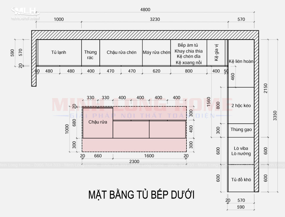 Mẫu bản vẽ tủ bếp tiêu chuẩn và lưu ý thiết kế Bản vẽ tủ bếp có bàn đảo - Tủ bếp chữ L kèm bàn đảo