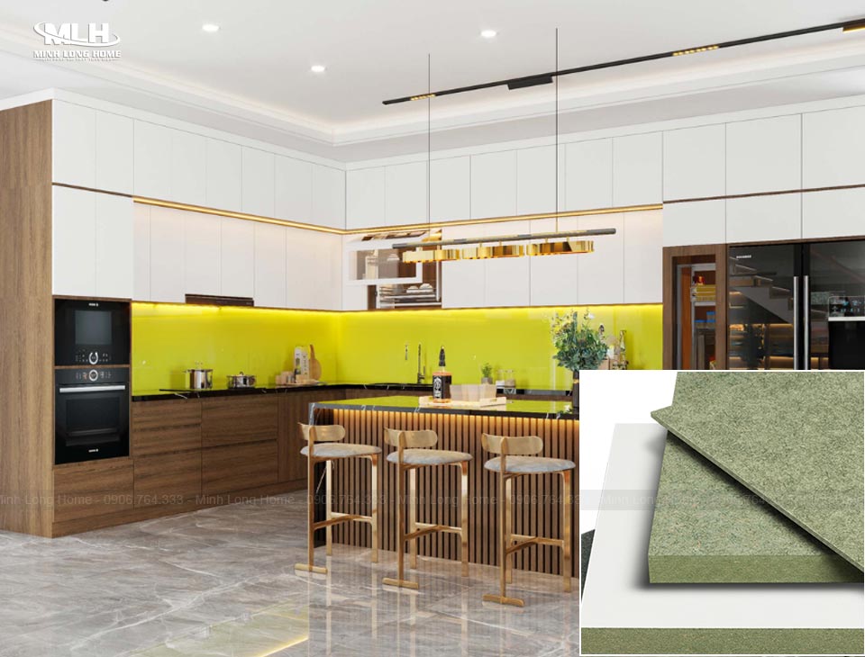Tủ bếp gỗ công nghiệp phong cách hiện đại Gỗ MDF lõi xanh chống ẩm làm tủ bếp là phổ biến nhất