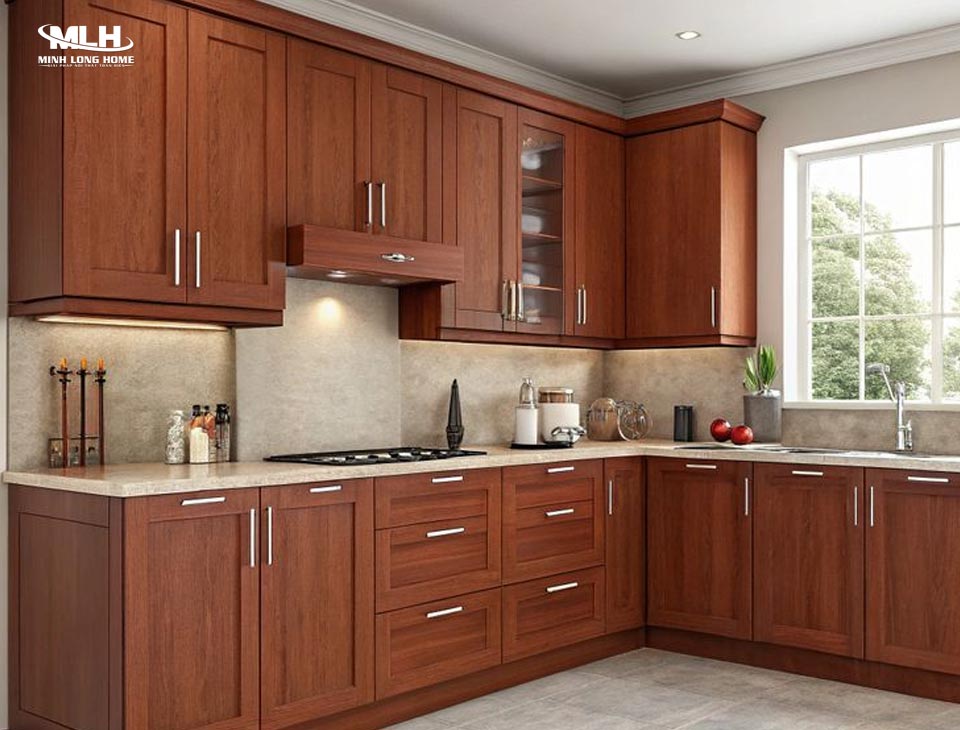 Các loại gỗ tự nhiên phổ biến làm tủ bếp: Sồi, Xoan Đào, Óc Chó, Căm Xe, Gõ Đỏ, Lim Gỗ căm xe có vân gỗ độc đáo cho tủ bếp đẹp đẳng cấp