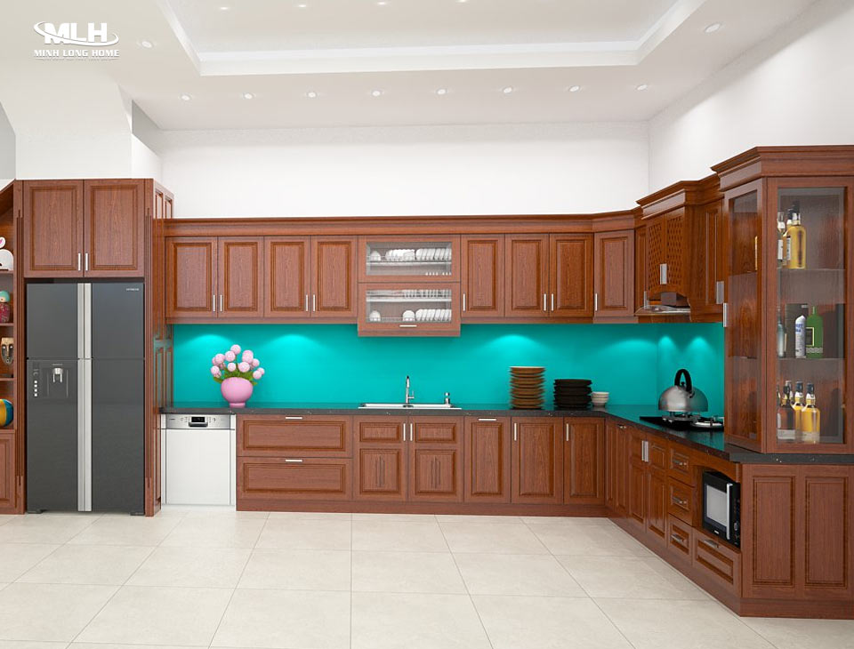 Lưu ý khi lắp đặt tủ bếp gỗ tự nhiên Kết hợp màu sắc vật liệu và hệ thống đèn vào tủ bếp gỗ tự nhiên