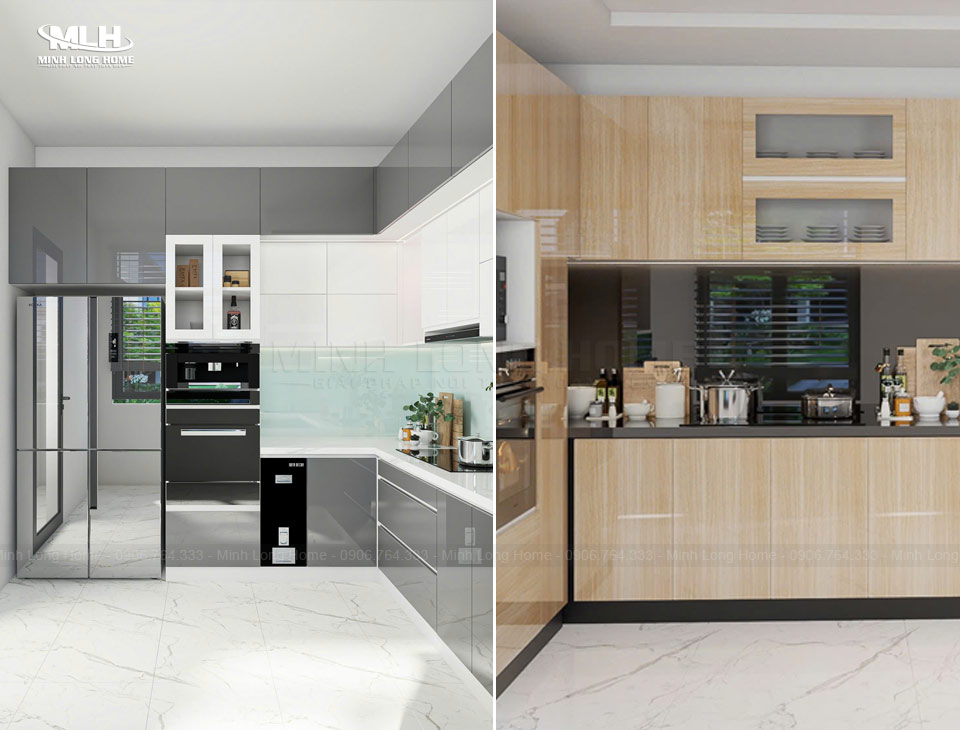 Tủ bếp gỗ công nghiệp phong cách hiện đại Mẫu mã đa dạng với các bề mặt phủ Melamine, Acrylic, Laminate của tủ bếp gỗ công nghiệp