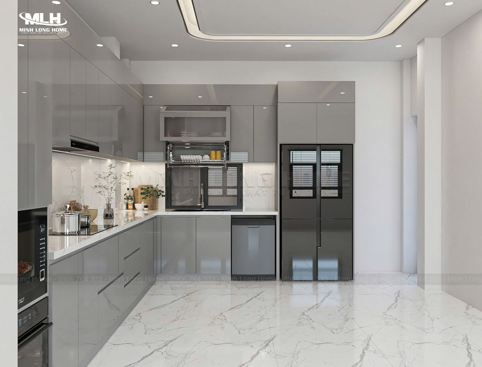Cách phối màu tủ bếp đẹp và hài hòa với nội thất Phối màu tủ bếp màu xám hiện đại