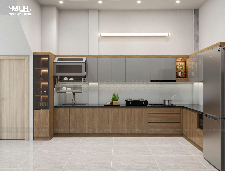 Cách phối màu tủ bếp đẹp và hài hòa với nội thất Phôi màu tủ bếp tương phản cánh nhựa Acrylic xám lạnh và melamine vân gỗ ấm