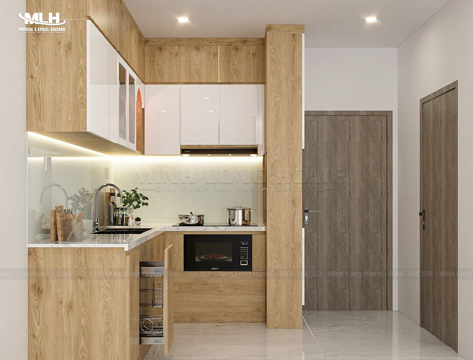 Cách phối màu tủ bếp đẹp và hài hòa với nội thất Phôi màu tủ bếp vân gỗ tự nhiên hiện đại