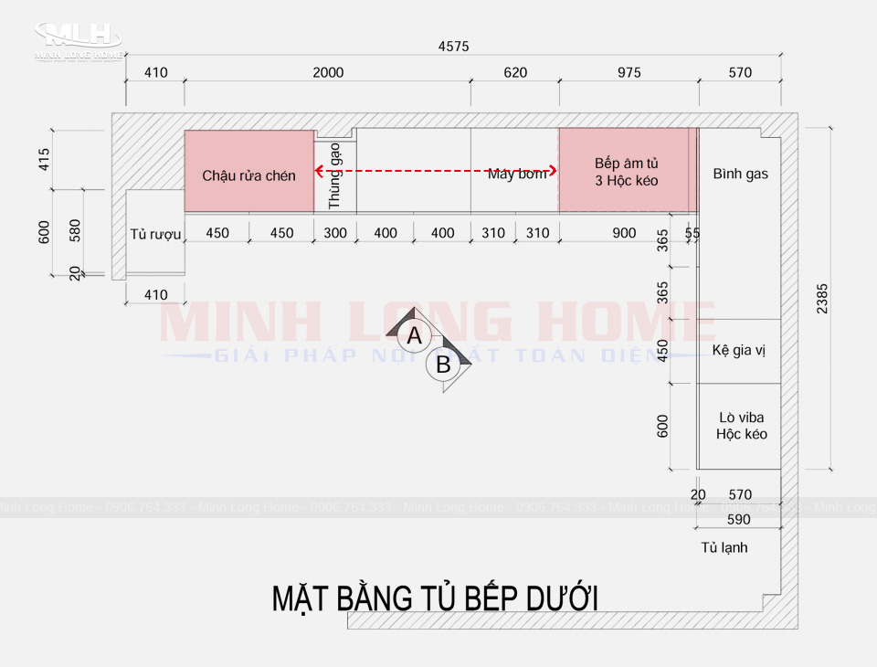 Mẫu bản vẽ tủ bếp tiêu chuẩn và lưu ý thiết kế Khoảng cách bếp và chậu rửa: Tính phong thủy trong bản vẽ tủ bếp