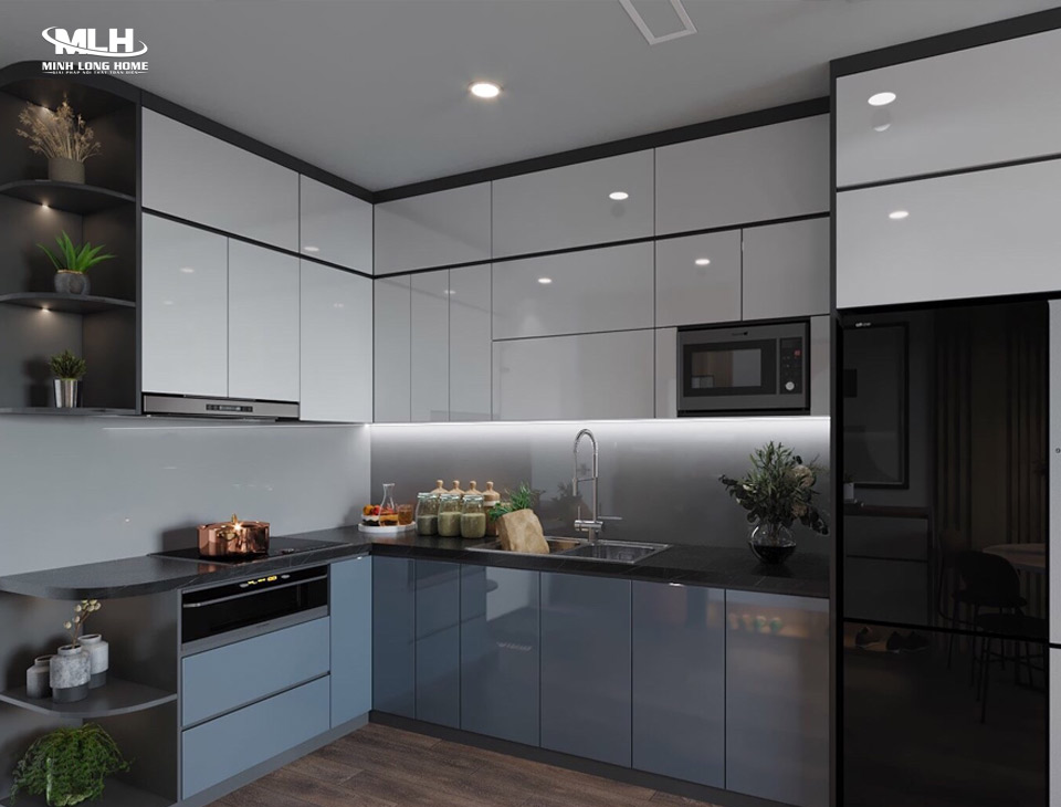 Phân biệt gỗ tự nhiên thật và gỗ ghép Mẫu tủ bếp gỗ ghép phủ bề mặt Acrylic bóng gương hiện đại thanh lịch