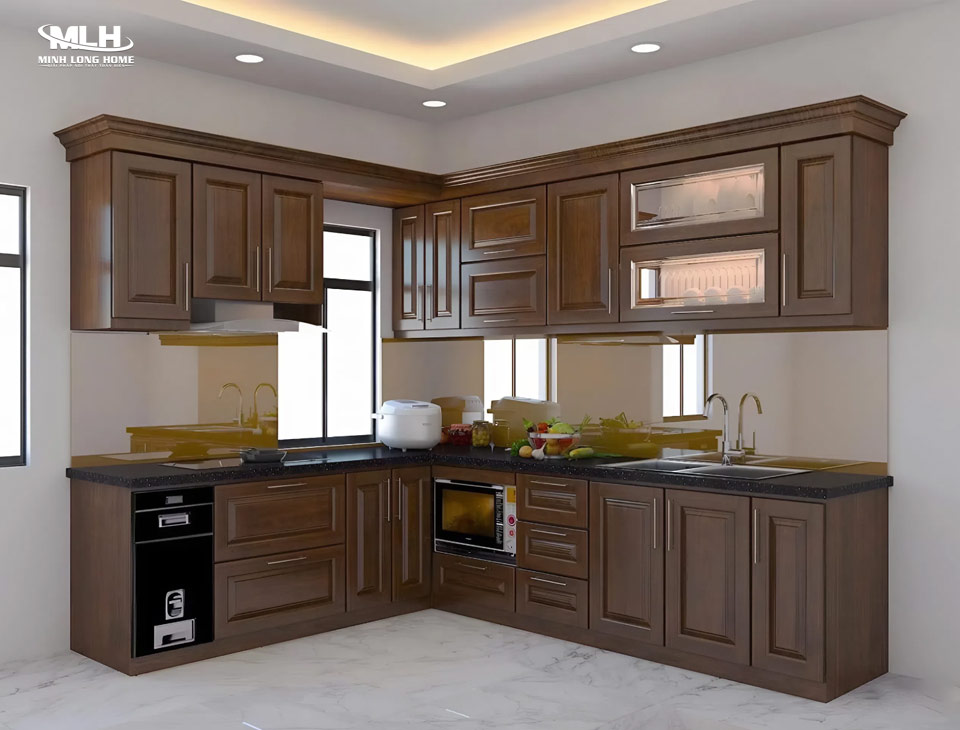 Các loại gỗ tự nhiên phổ biến làm tủ bếp: Sồi, Xoan Đào, Óc Chó, Căm Xe, Gõ Đỏ, Lim Nên sơn lại tủ bếp gỗ tự nhiên khi cần để tăng độ bền và khôi phục như mới