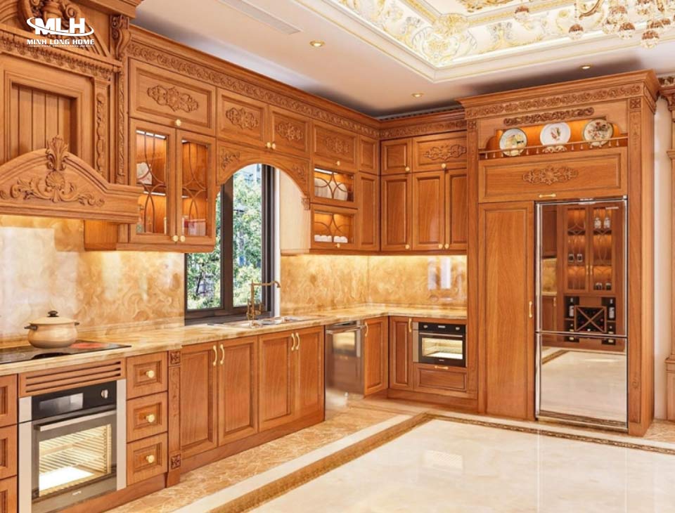 Tủ bếp gỗ tự nhiên theo phong cách cổ điển Đặc trưng gỗ tự nhiên theo phong cách Cổ điển