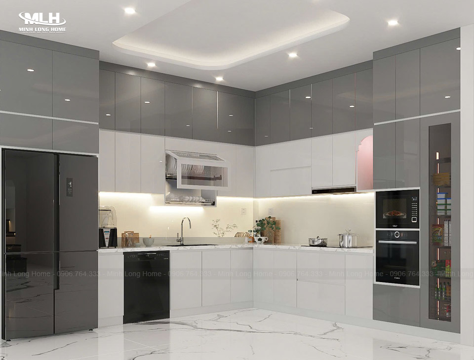 Tủ bếp liền tường là gì? Có nên sử dụng không? Tủ bếp liền tường phù hợp phong cách hiện đại với vật liệu sáng bóng như nhựa Acrylic