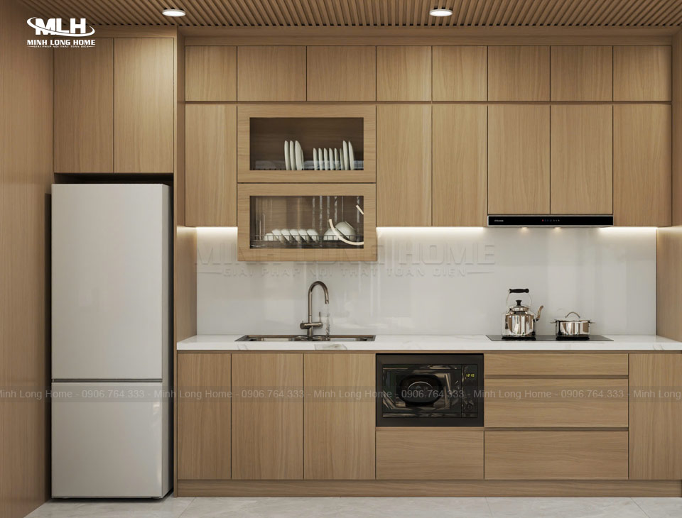 Tủ bếp liền tường là gì? Có nên sử dụng không? Tủ bếp liền tường gọn gàng tinh tế