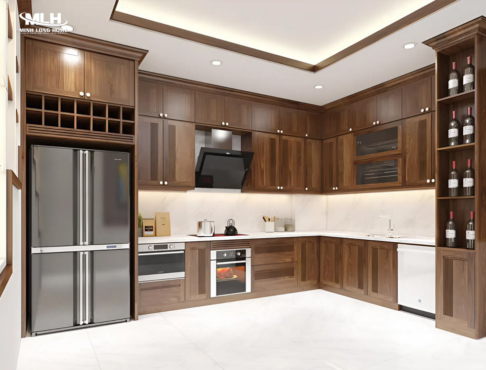 Các loại gỗ tự nhiên phổ biến làm tủ bếp: Sồi, Xoan Đào, Óc Chó, Căm Xe, Gõ Đỏ, Lim Vân gỗ óc chó hợp phong cách tủ bếp Tân cổ điển