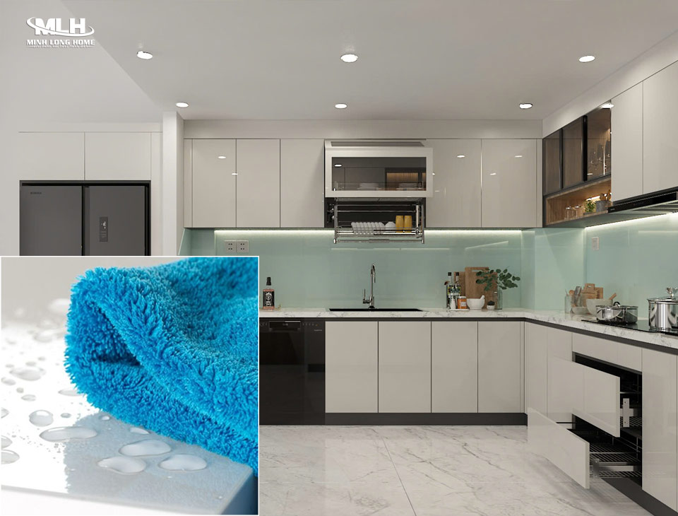 Có nên dùng tủ bếp gỗ công nghiệp cho nhà bếp ẩm ướt? Luôn đảm bảo khô ráo cho bề mặt tủ bếp gỗ công nghiệp
