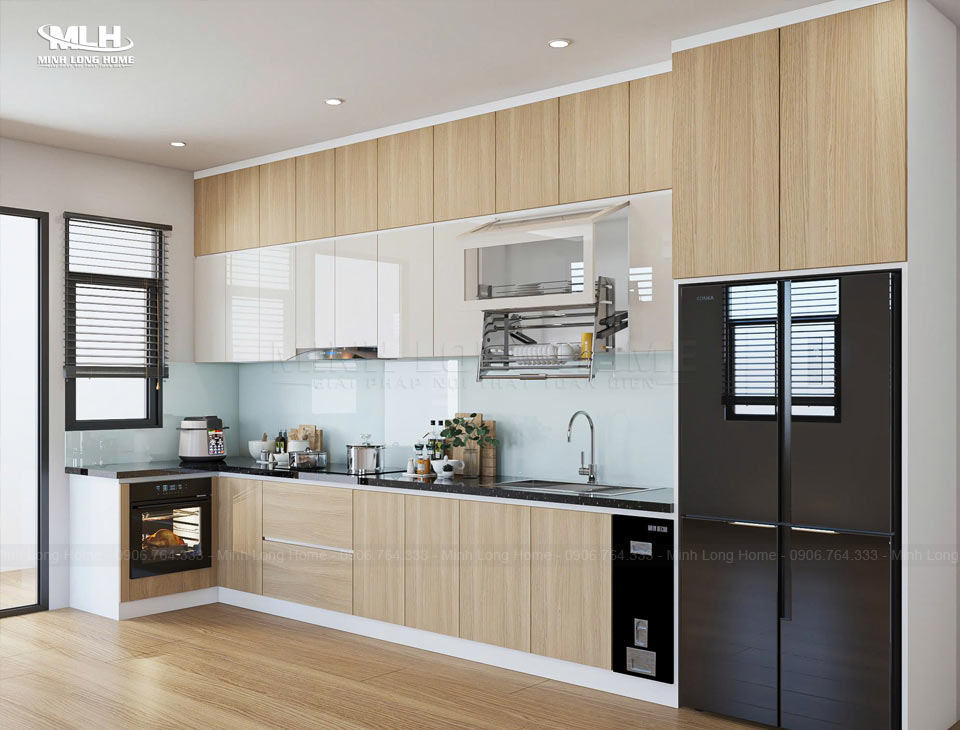 Tủ bếp gỗ công nghiệp phong cách hiện đại Kết hợp các bề mặt phủ trong một tủ bếp gỗ công nghiệp phong cách hiện đại