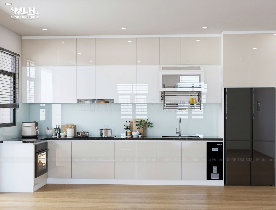 Tủ bếp gỗ công nghiệp phong cách hiện đại Mẫu tủ bếp gỗ công nghiệp hiện đại bố trí thông minh phụ kiện và tam giác bếp