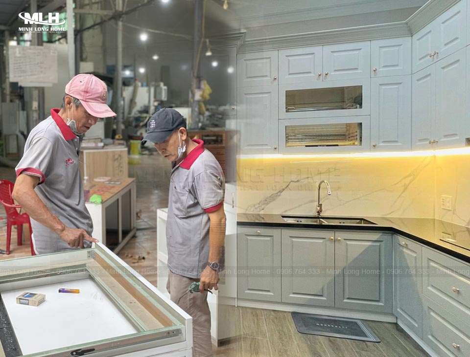 Độ bền tủ bếp gỗ công nghiệp Quy trình sản xuất tủ bếp gỗ công nghiệp tại Minh Long nghiêm ngặt từ gia công bằng máy móc đến lắp đặt tại nhà
