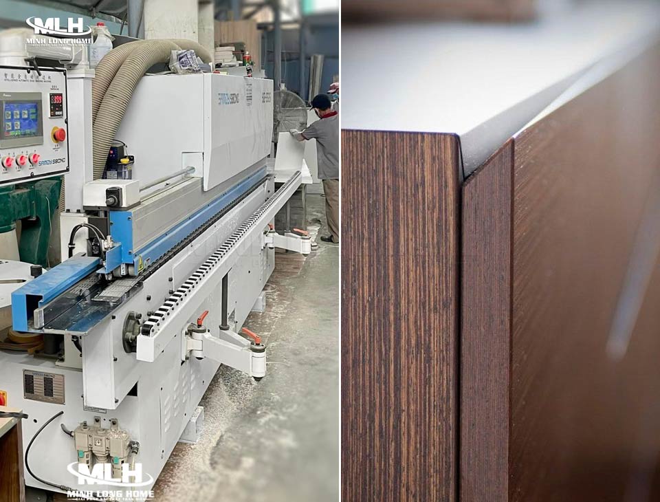 Độ bền tủ bếp gỗ công nghiệp Sử dụng máy móc tiên tiến dán cạnh bảo vệ cốt gỗ tuyệt đối