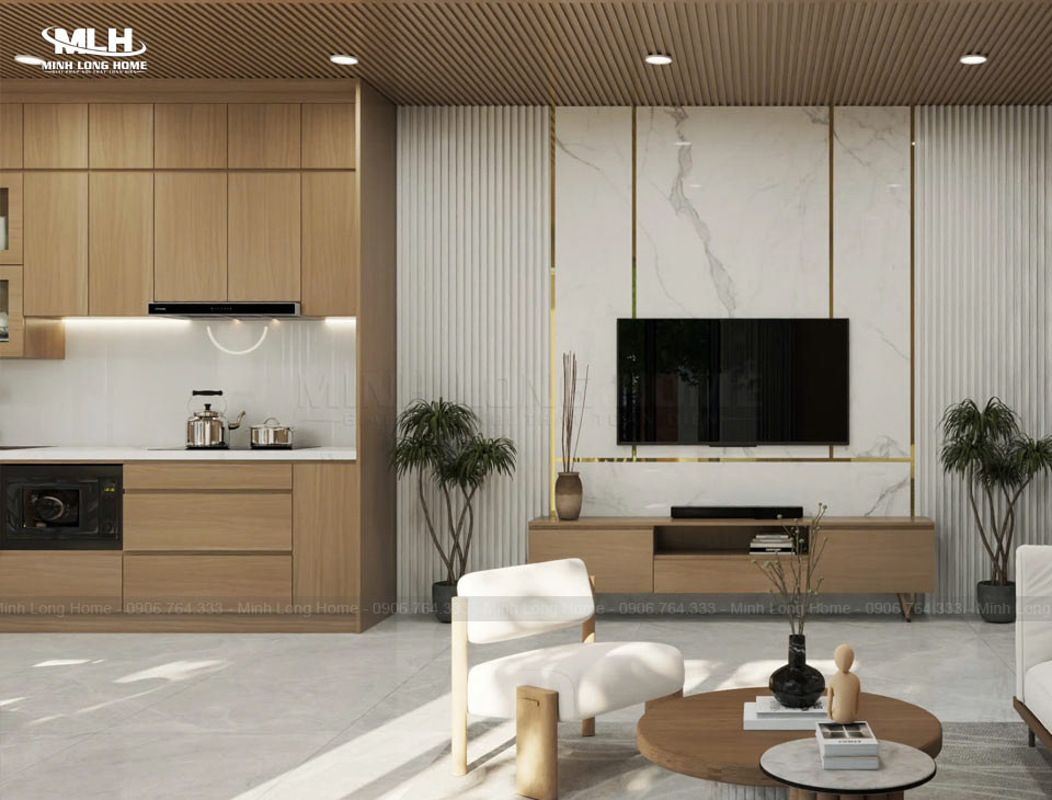 Tủ bếp gỗ công nghiệp phong cách hiện đại Thiết kế tủ bếp gỗ công nghiệp trong không gian mở