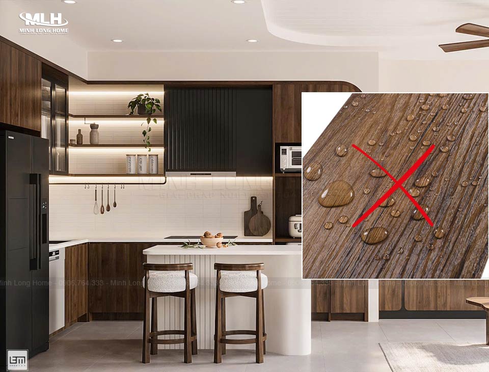 Độ bền tủ bếp gỗ công nghiệp Đảm bảo sự thông thoáng khô ráo, tránh để nước đọng trên bề mặt tủ bếp gỗ công nghiệp