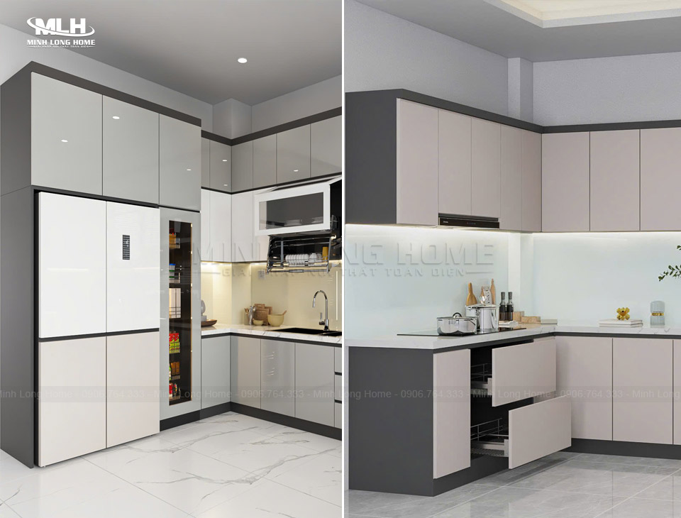 Cách nhận biết gỗ công nghiệp chất lượng cao Tủ bếp Acrylic và tủ bếp Melamien khác biệt độ bóng