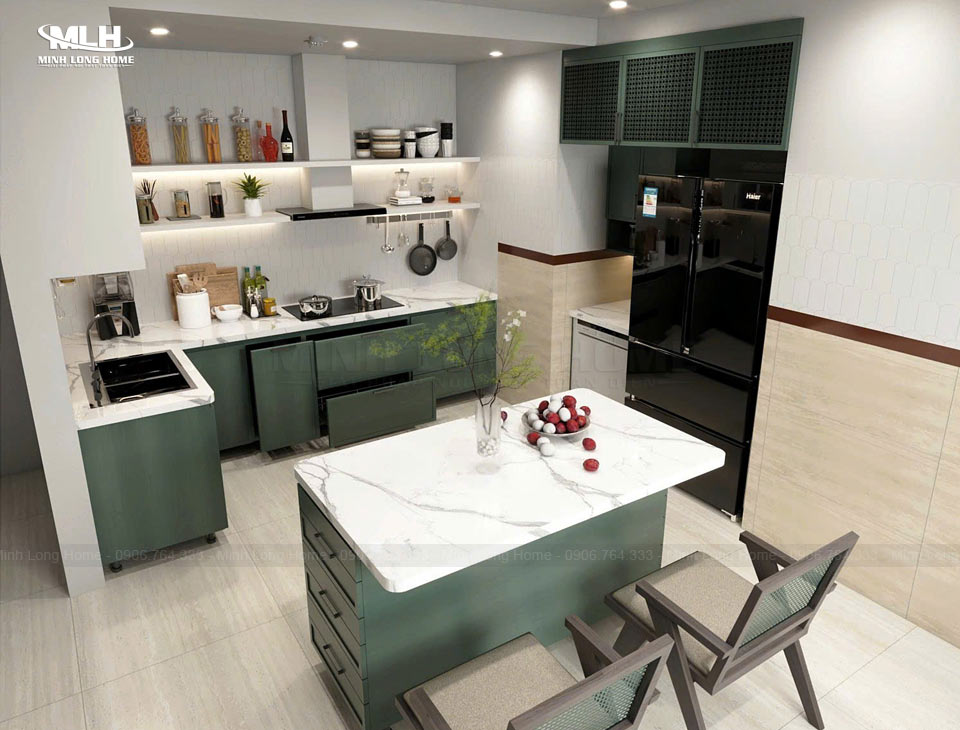 Tủ bếp gỗ công nghiệp phong cách hiện đại Tủ bếp gỗ công nghiệp hiện đại có bàn đảo bếp
