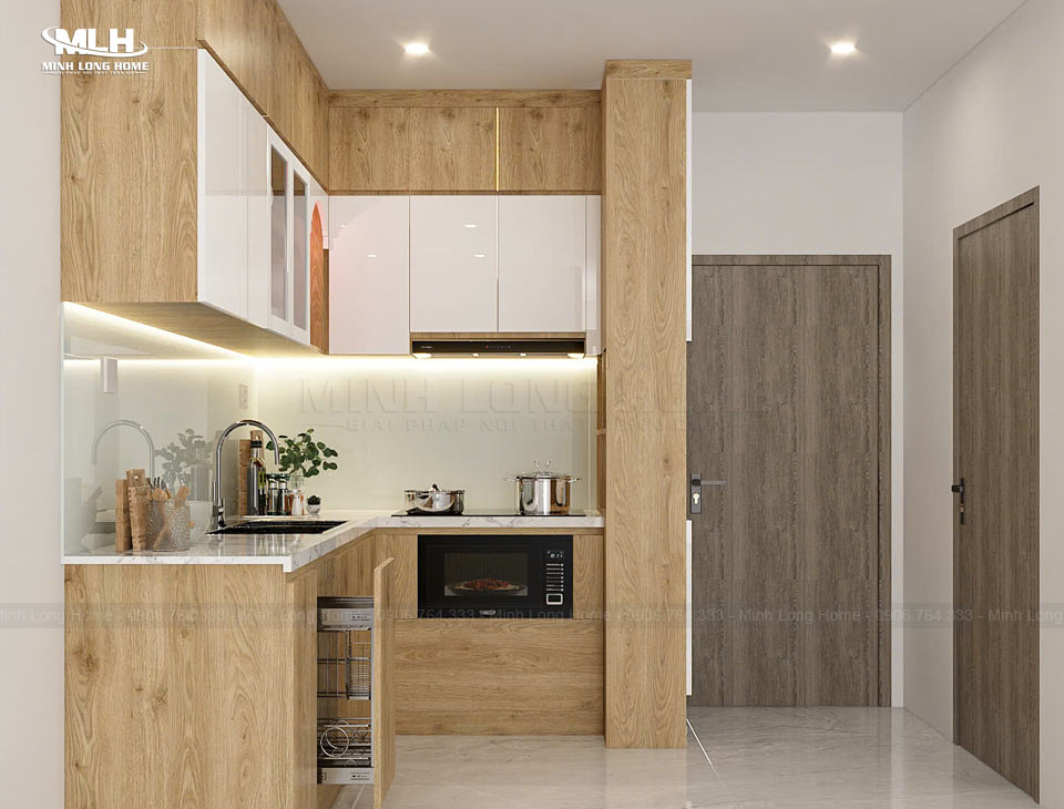 Tủ bếp gỗ công nghiệp phong cách hiện đại Tủ bếp gỗ công nghiệp hiện đại dáng chữ L