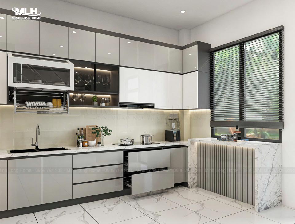 Tủ bếp gỗ công nghiệp là gì? Có bền không? Tủ bếp gỗ công nghiệp Acrylic lý tưởng cho chống ẩm, dễ vệ sinh
