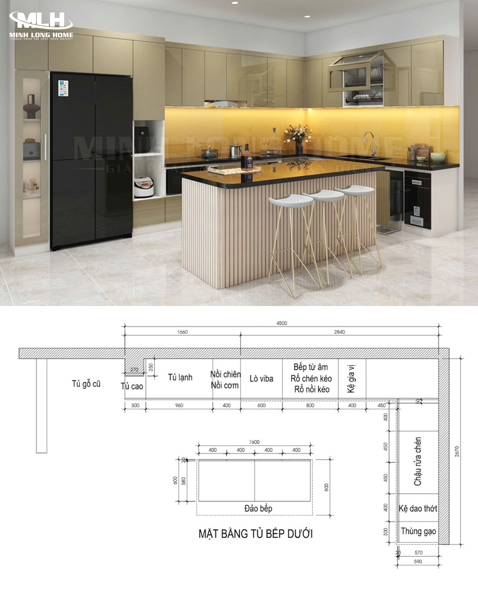 Bản vẽ tủ bếp có bàn đảo