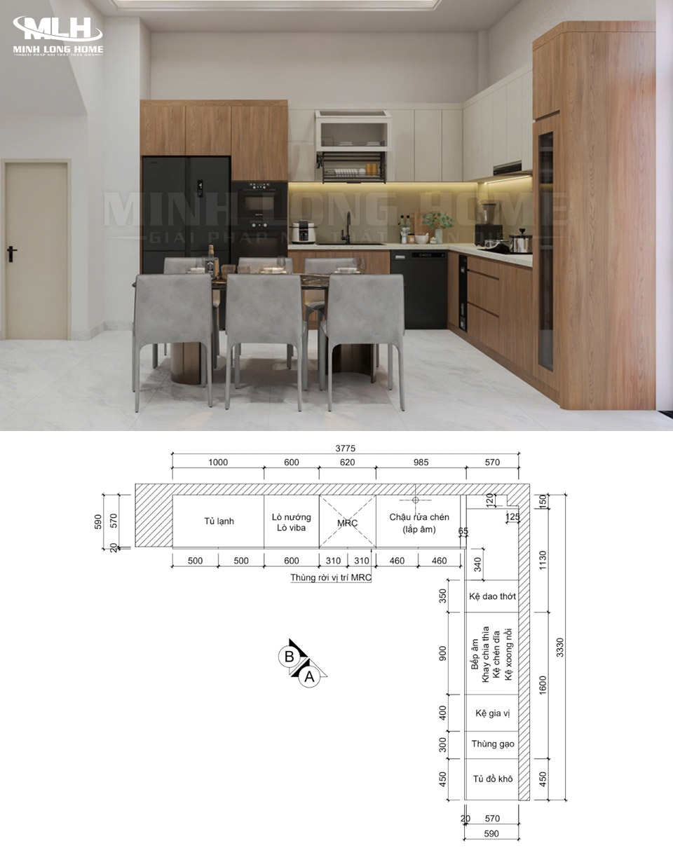 Bản vẽ tủ bếp chữ L