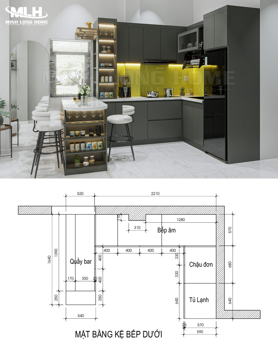 Bản vẽ tủ bếp quầy bar