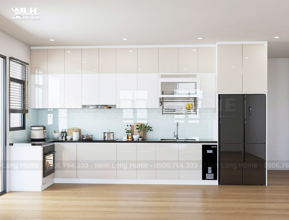 8 Nguyên tắc phối màu tủ bếp đẹp hài hòa với không gian Phối màu tủ bếp đơn sắc trắng và be sáng
