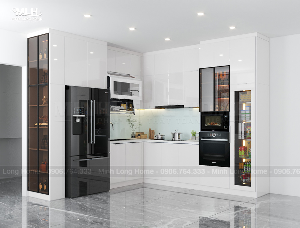 8 Nguyên tắc phối màu tủ bếp đẹp hài hòa với không gian Phối màu tủ bếp màu trắng sáng sủa không gian