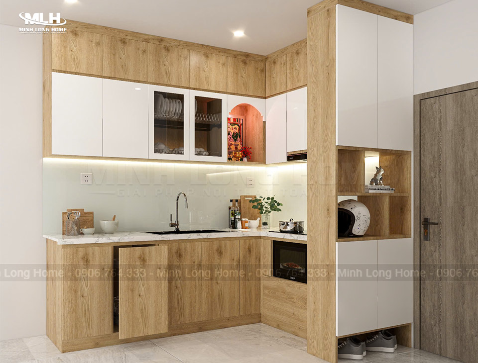 8 Nguyên tắc phối màu tủ bếp đẹp hài hòa với không gian Phối màu tủ bếp trắng và gỗ