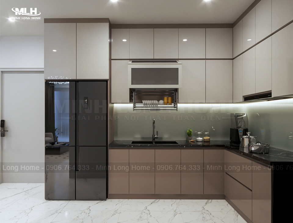 8 Nguyên tắc phối màu tủ bếp đẹp hài hòa với không gian Phối màu tủ bếp tương đồng be nâu