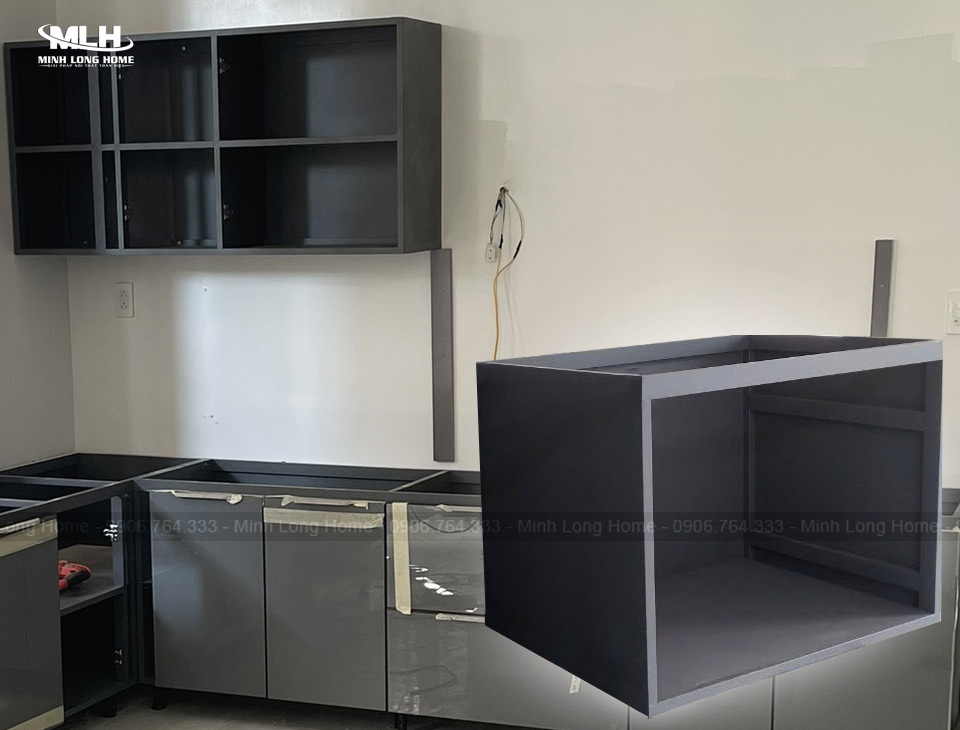 Cấu tạo tủ bếp inox cánh kính: Thùng tủ, cánh tủ, phụ kiện Cấu tạo tủ bếp inox cánh kính - thùng tủ inox cánh kính 1 lớp