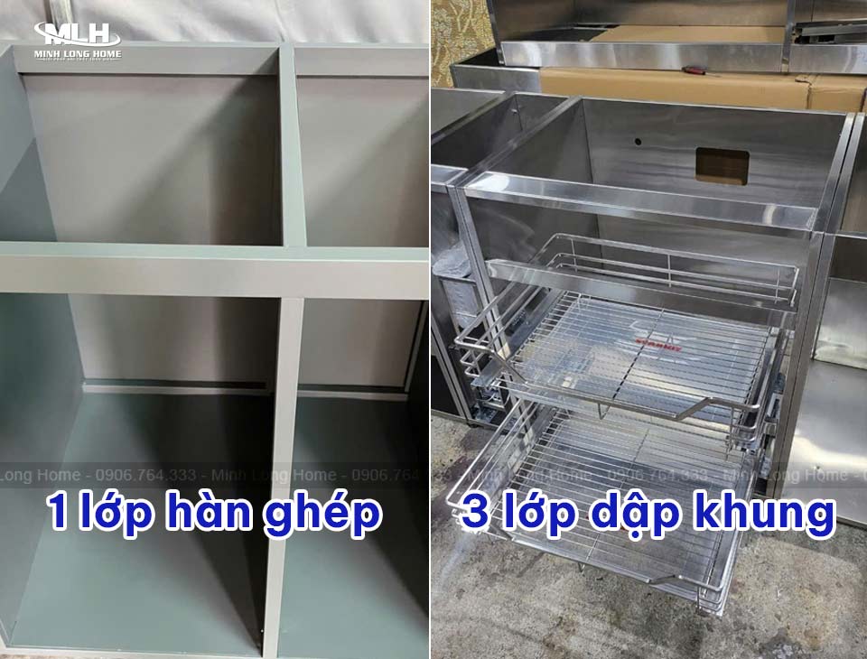 Tủ bếp inox 304: Phân loại và báo giá chi tiết (cánh kính, Acrylic, Melamine…) Thùng tủ bếp inox 304 1 lớp và 3 lớp