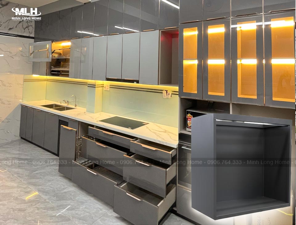 Tủ bếp inox cánh kính Tủ bếp inox cánh kính thùng sơn tĩnh điện