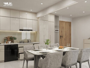 Không gian bếp thiết kế thi công tủ bếp nhựa Acrylic nhà chị Trang Tân Phú