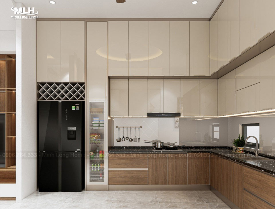 Tủ bếp inox kết hợp cánh kính và cánh nhựa melamine vân gỗ