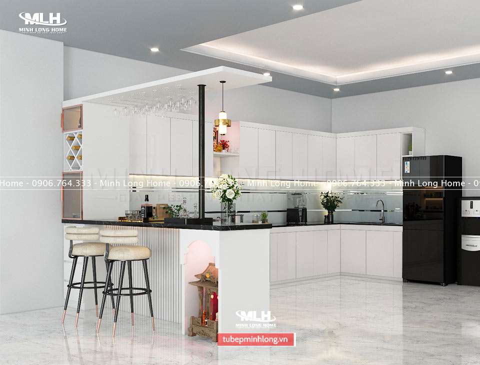Tủ bếp MDF sơn trắng có quầy bar