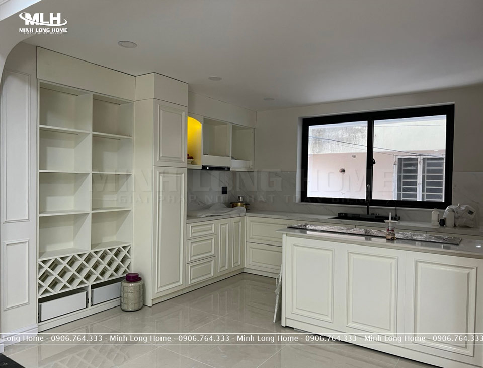 Tủ bếp MDF sơn trắng bền, chống ẩm, chống mối, hạn chế ố 