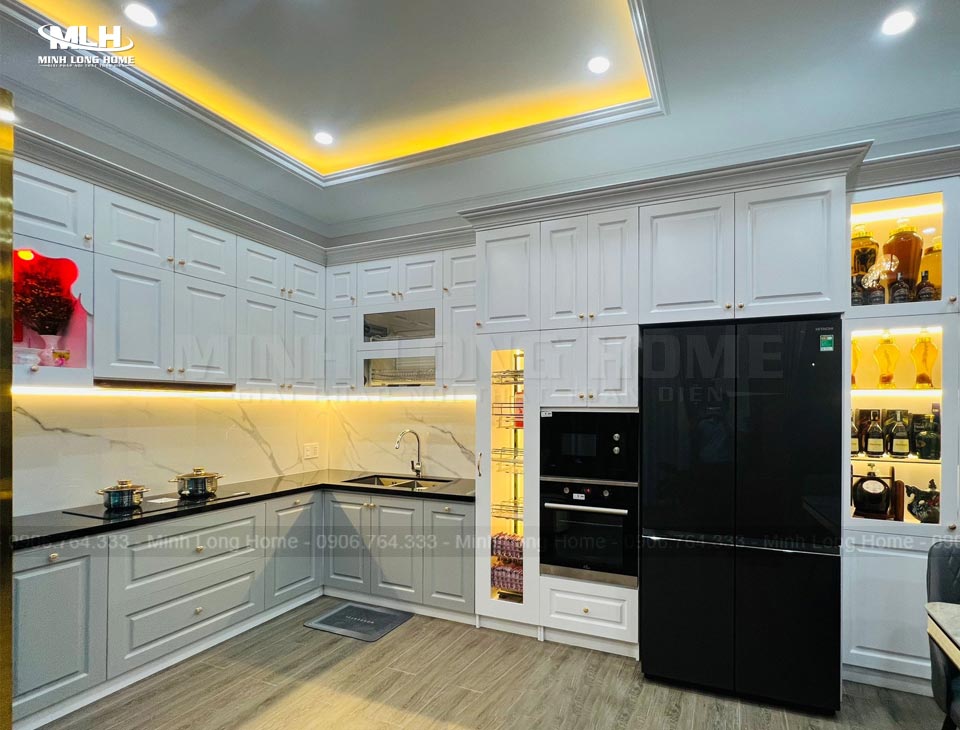 Thi công tủ bếp MDF sơn trắng đẹp tại Tủ Bếp Minh Long HCM