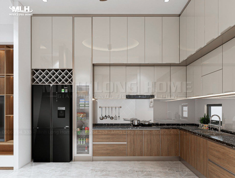 20+ Tủ bếp màu nâu xám (màu Taupe) phù hợp mọi không gian Tủ bếp màu nâu xám chất liệu cánh kính cường lực sơn màu