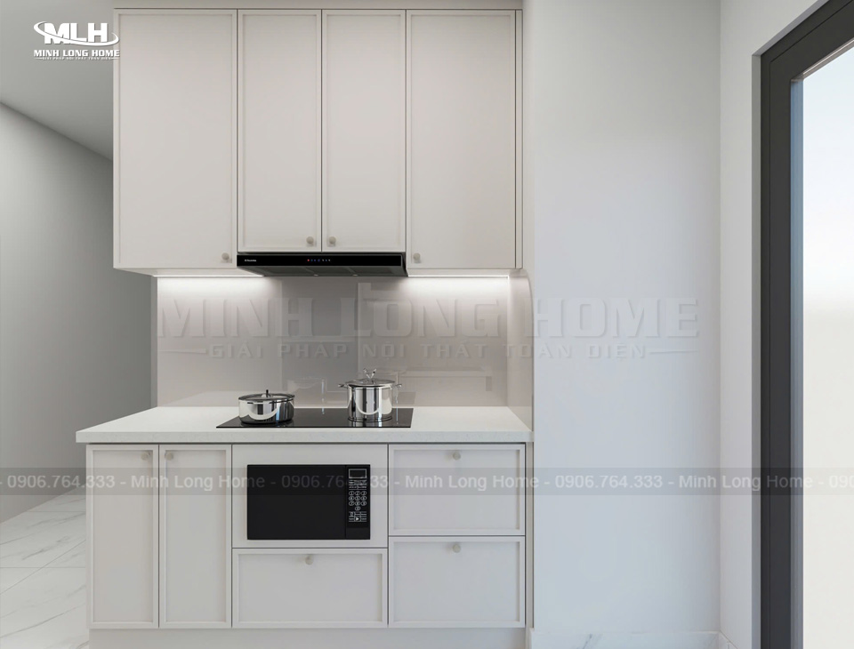 Mẫu tủ bếp mdf sơn trắng chữ I tối giản